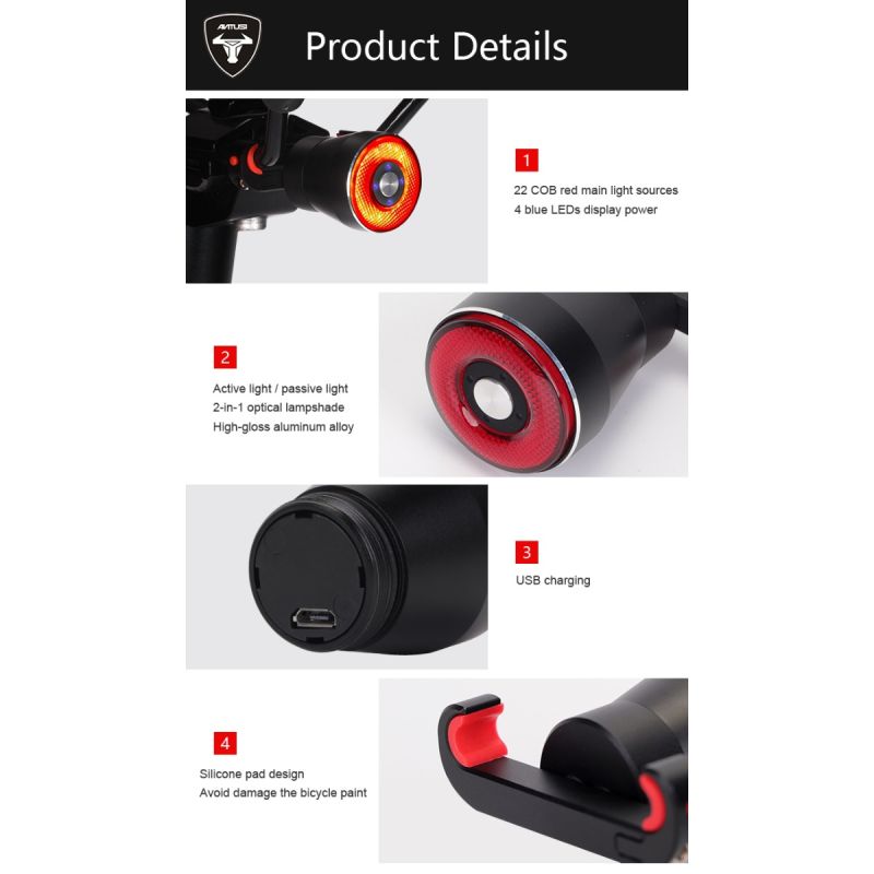 Luz trasera de bicicleta inteligente ANTUSI Q5, luz trasera de bicicleta, luz trasera de arranque/parada automática, detección de freno IPx6, luz trasera LED resistente al agua para ciclismo