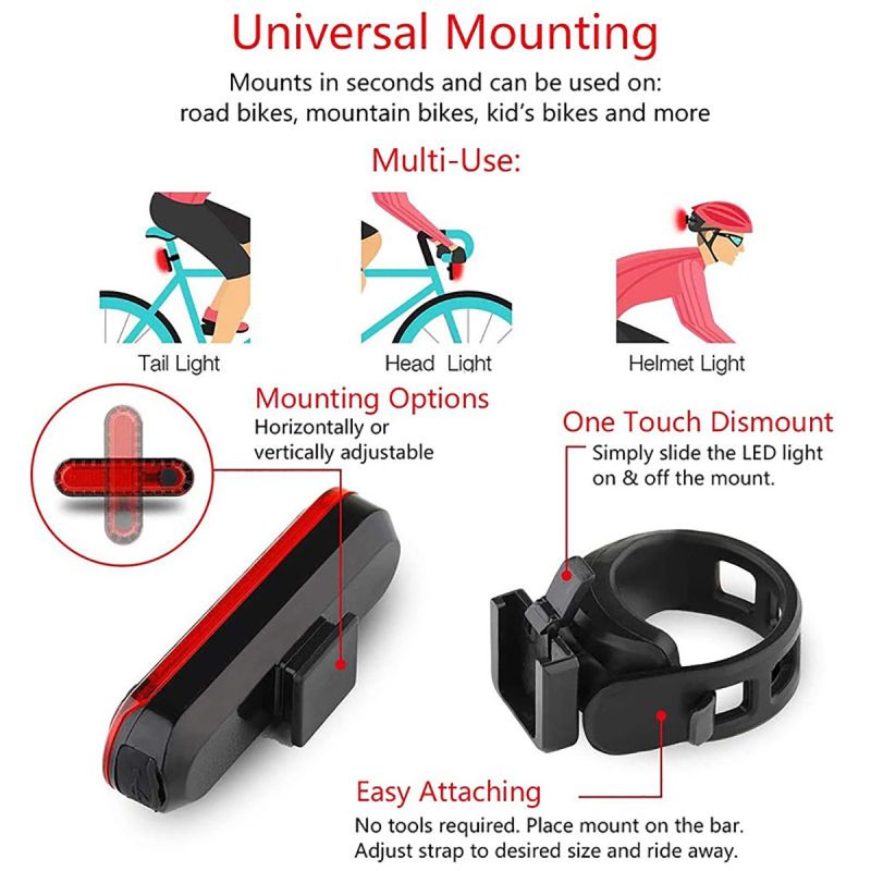 Luz trasera para bicicleta, recargable por USB, luces traseras ultrabrillantes rojas que se adaptan a cualquier bicicleta/casco