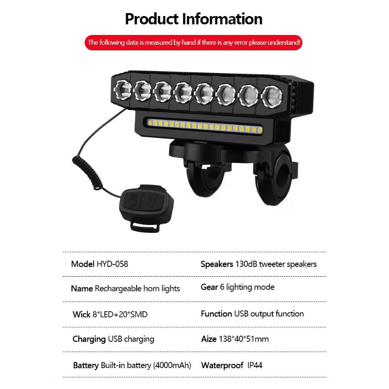 Luz delantera para bicicleta recargable por USB, 120 dB, bocina para bicicleta, resistente al agua, timbre para bicicleta