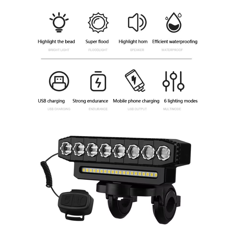 Luz delantera para bicicleta recargable por USB, 120 dB, bocina para bicicleta, resistente al agua, timbre para bicicleta