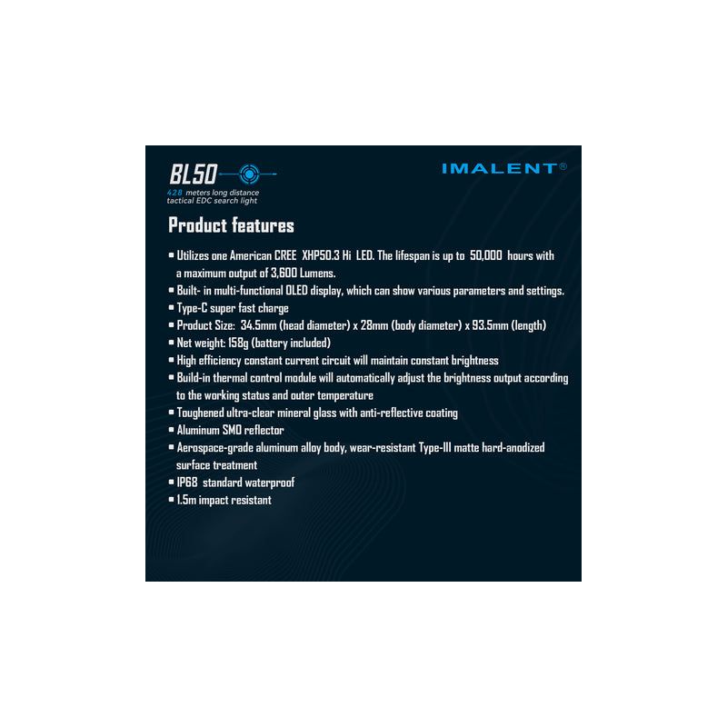 Linterna EDC recargable IMALENT BL50 3600 lúmenes LED tipo C