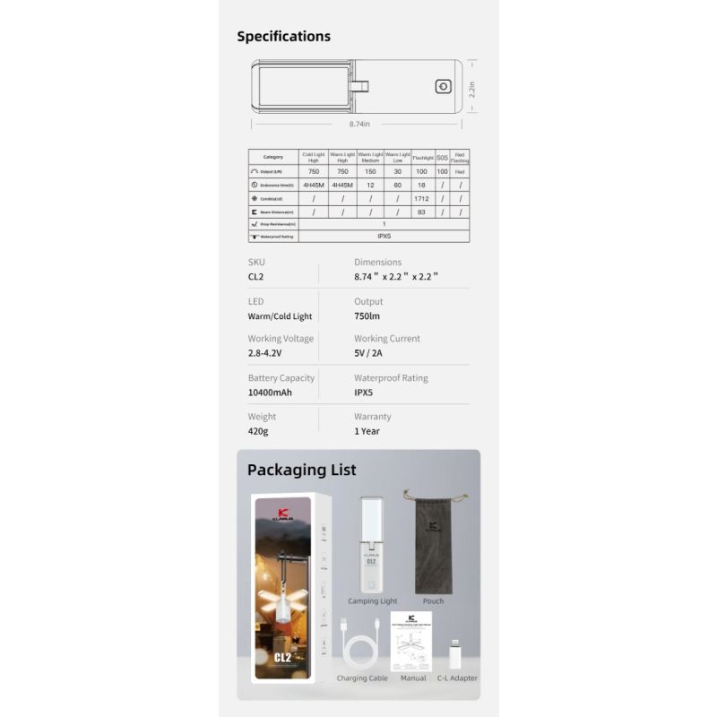 Klarus CL2 750 Lumen Freefolding Eye-caring Camping Light Luz de ambiente/Lámpara de escritorio/Linterna