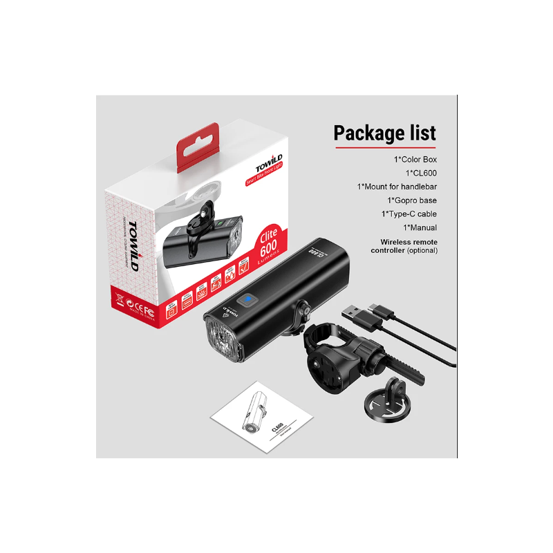 TOWILD CL600 luz frontal para bicicleta, lámpara LED recargable por USB, luz para bicicleta de 2000mAh, faro impermeable, accesorios para bicicleta