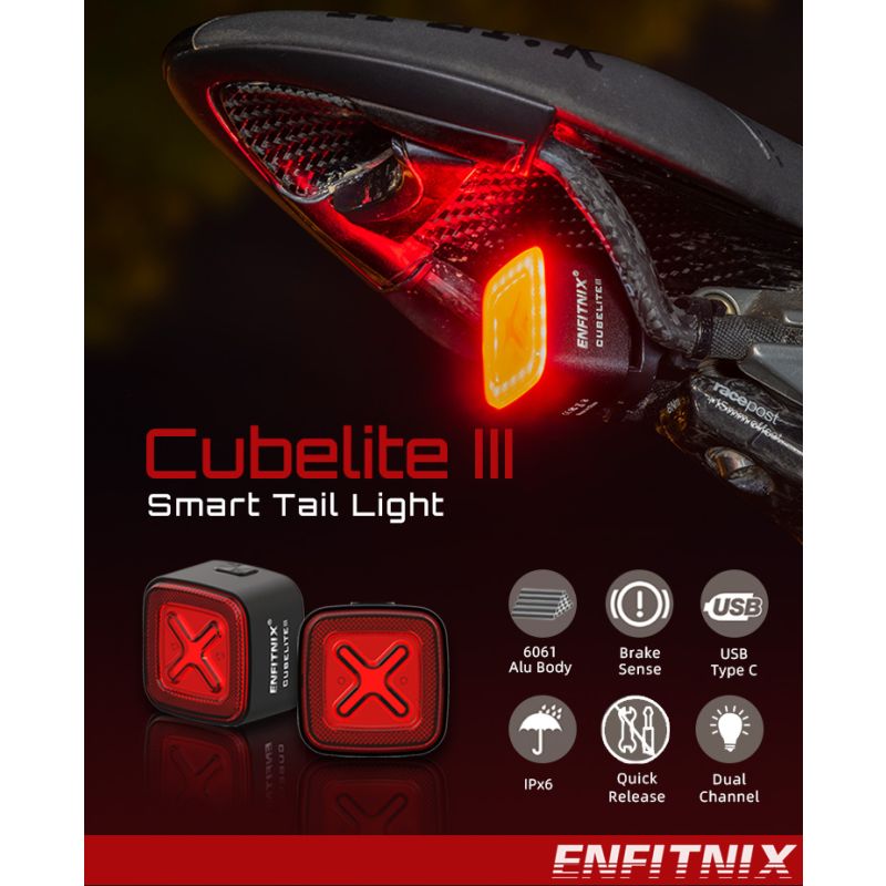 Luz trasera inteligente Enfitnix Cubelite III, luz de advertencia de freno de bicicleta, luz trasera ultrabrillante, luz LED de advertencia nocturna con carga USB