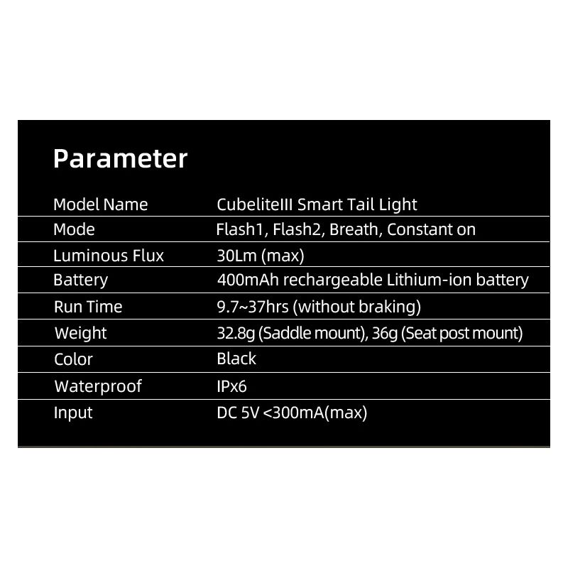 Luz trasera inteligente Enfitnix Cubelite III, luz de advertencia de freno de bicicleta, luz trasera ultrabrillante, luz LED de advertencia nocturna con carga USB