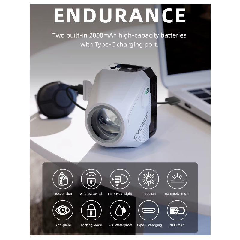 Luces delanteras de bicicleta con cable de corte colgante, 1600 LM, control remoto inteligente inalámbrico para bicicleta, faro alto