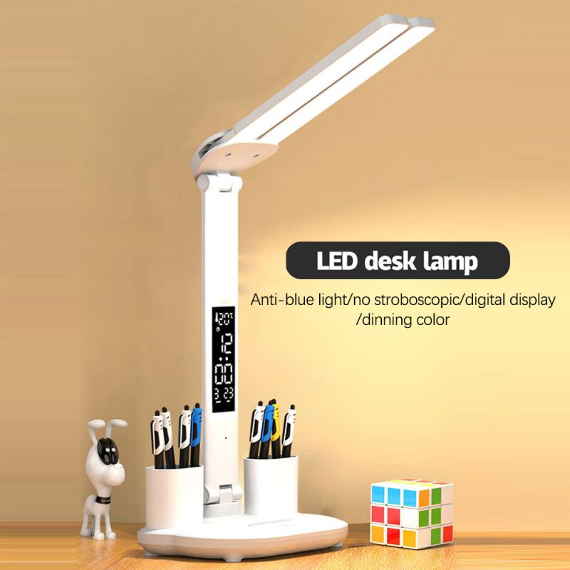 Lámpara LED de escritorio, lámpara de mesa multifunción con calendario, luz nocturna táctil USB con portalápices para dormitorio, lámpara de lectura de chevet