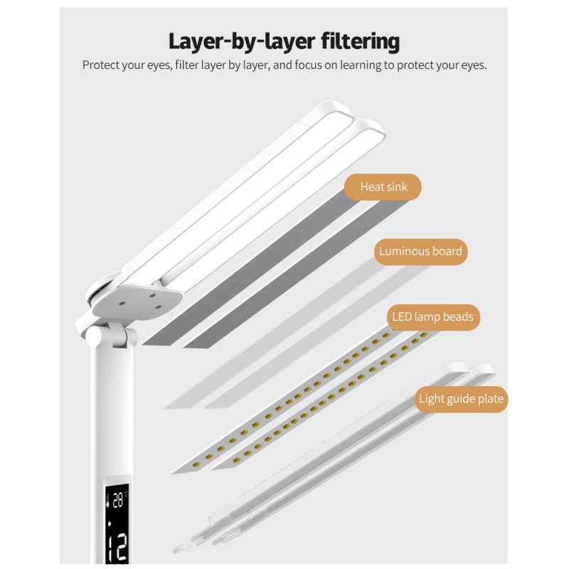 Lámpara LED de escritorio, lámpara de mesa multifunción con calendario, luz nocturna táctil USB con portalápices para dormitorio, lámpara de lectura de chevet