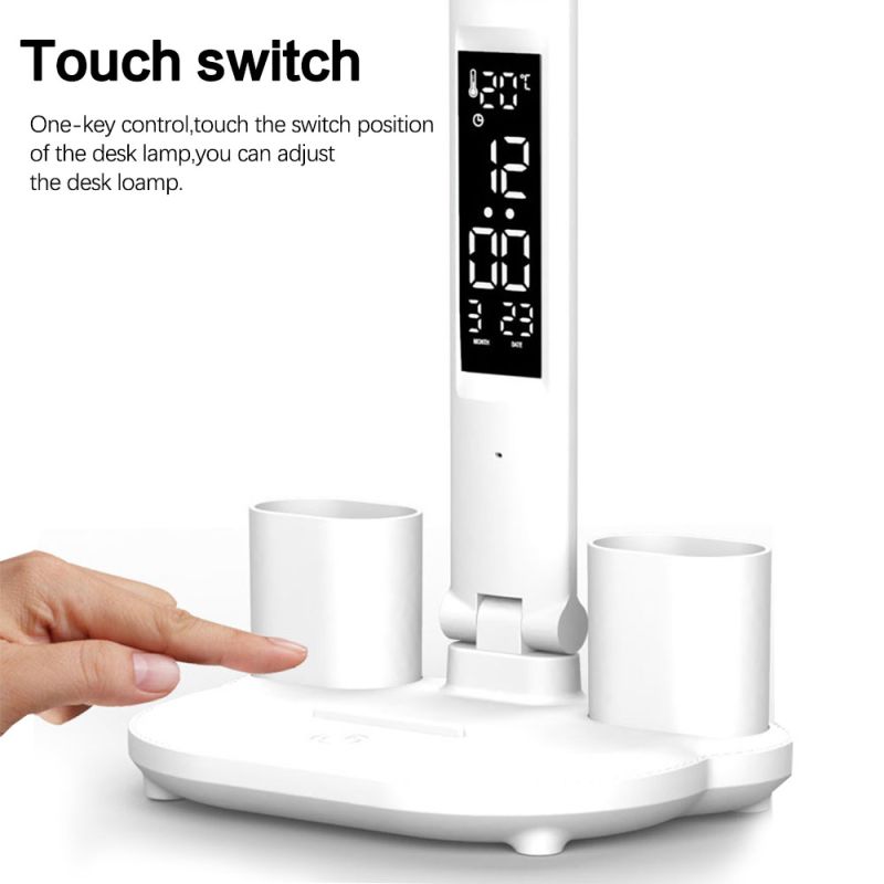 Lámpara LED de escritorio, lámpara de mesa multifunción con calendario, luz nocturna táctil USB con portalápices para dormitorio, lámpara de lectura de chevet