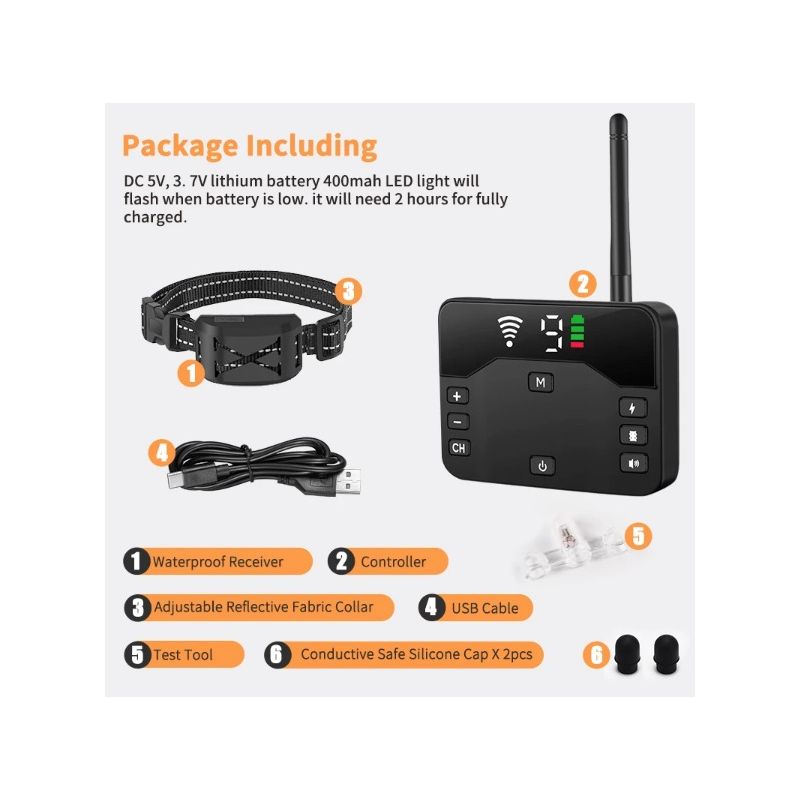 Cerca eléctrica inalámbrica para perros y Collar de entrenamiento con descarga eléctrica, control remoto con pitido ajustable, vibración, descarga recargable