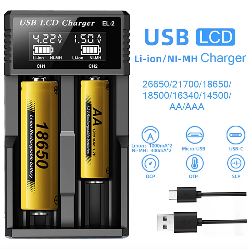 Cargador inteligente de batería LCD USB para batería de litio recargable 18650 de 3,7 V para batería AA/AAA NI-MH de 1,2 V