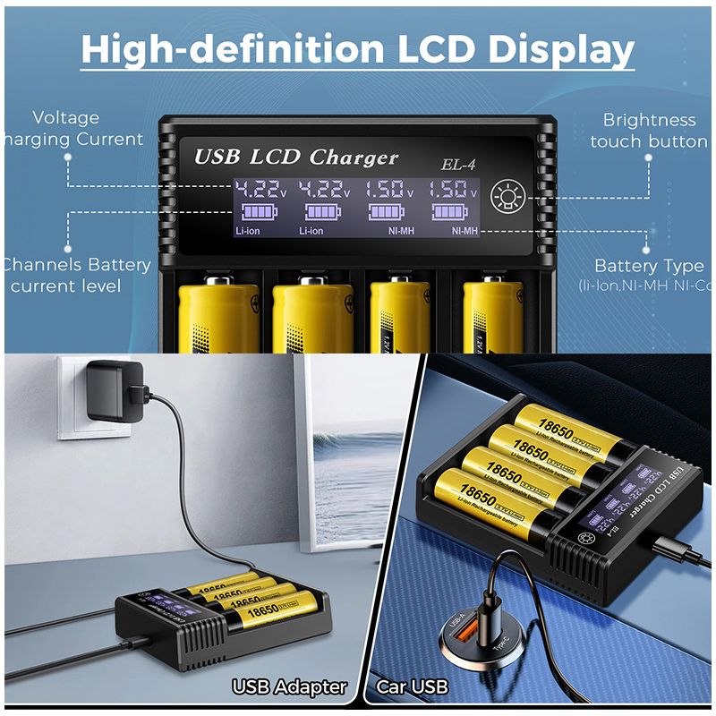 Cargador inteligente de batería LCD USB para batería de litio recargable 18650 de 3,7 V para batería AA/AAA NI-MH de 1,2 V