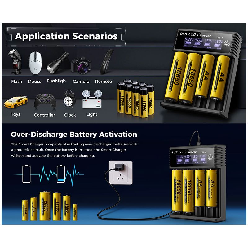 Cargador inteligente de batería LCD USB para batería de litio recargable 18650 de 3,7 V para batería AA/AAA NI-MH de 1,2 V