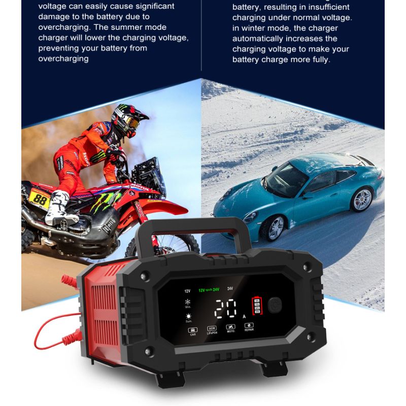 FOXSUR-cargador de batería portátil para coche, 20A, 12V-24V, motocicleta, camión, AGM, LiFePO4, baterías de plomo ácido, mantenimiento de reparación automática