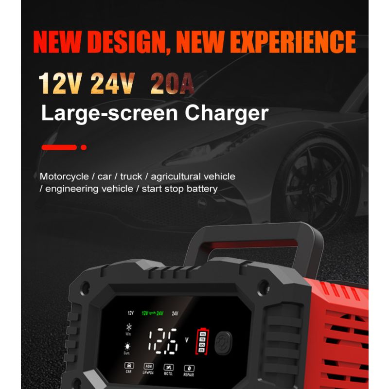 FOXSUR-cargador de batería portátil para coche, 20A, 12V-24V, motocicleta, camión, AGM, LiFePO4, baterías de plomo ácido, mantenimiento de reparación automática