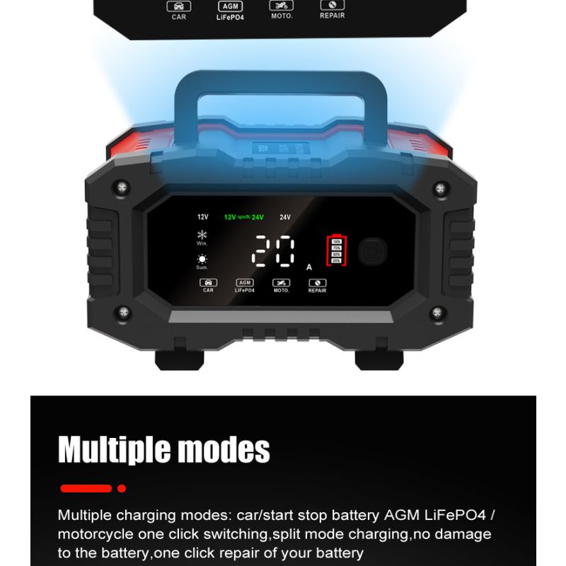 FOXSUR-cargador de batería portátil para coche, 20A, 12V-24V, motocicleta, camión, AGM, LiFePO4, baterías de plomo ácido, mantenimiento de reparación automática