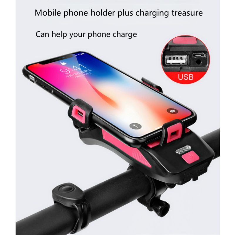 Luz de bicicleta Multifunción 4 en 1 Luz de bicicleta 800 Lumens Bike Flashlight Bike Holder Holder Teléfono Power Bank Bicycle Front Light