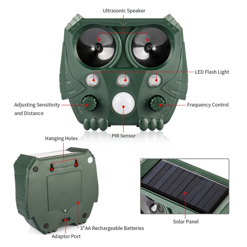 Repelente de animales ultrasónico energía solar pájaro perro gato skunk ciervo mapache repelente