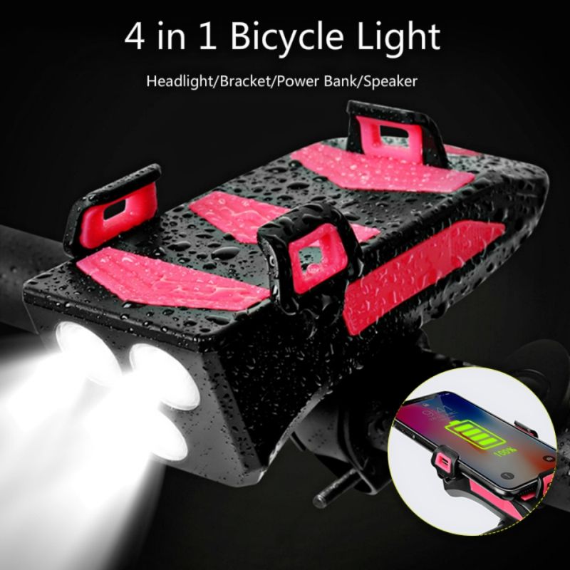 Luz de bicicleta Multifunción 4 en 1 Luz de bicicleta 800 Lumens Bike Flashlight Bike Holder Holder Teléfono Power Bank Bicycle Front Light