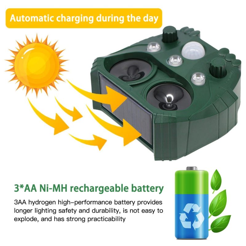 Repelente de animales ultrasónico energía solar pájaro perro gato skunk ciervo mapache repelente