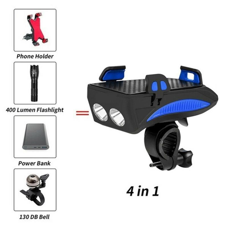 Multifunción 4 en 1 MTB Luz de bicicleta USB Recargable LED Lámpara de cabeza de bicicleta Bicicleta Teléfono Teléfono Teléfono Powerbank Ciclismo Frente Luz