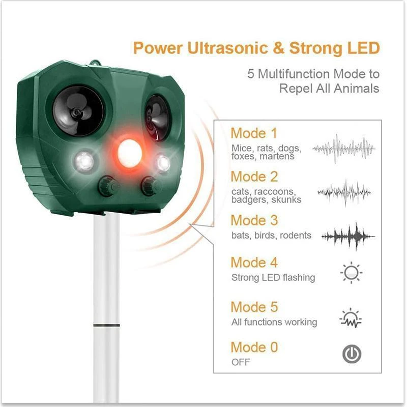 Repelente de animales ultrasónico energía solar pájaro perro gato skunk ciervo mapache repelente