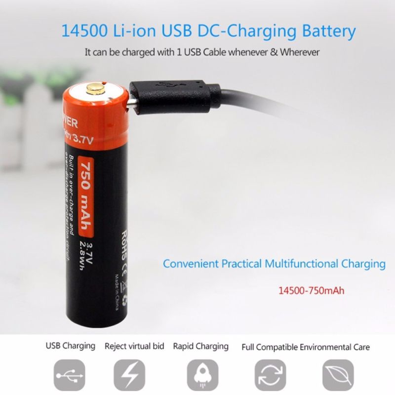 14500 750mAh 3.7V Micro USB recargable recargable batería de ion
