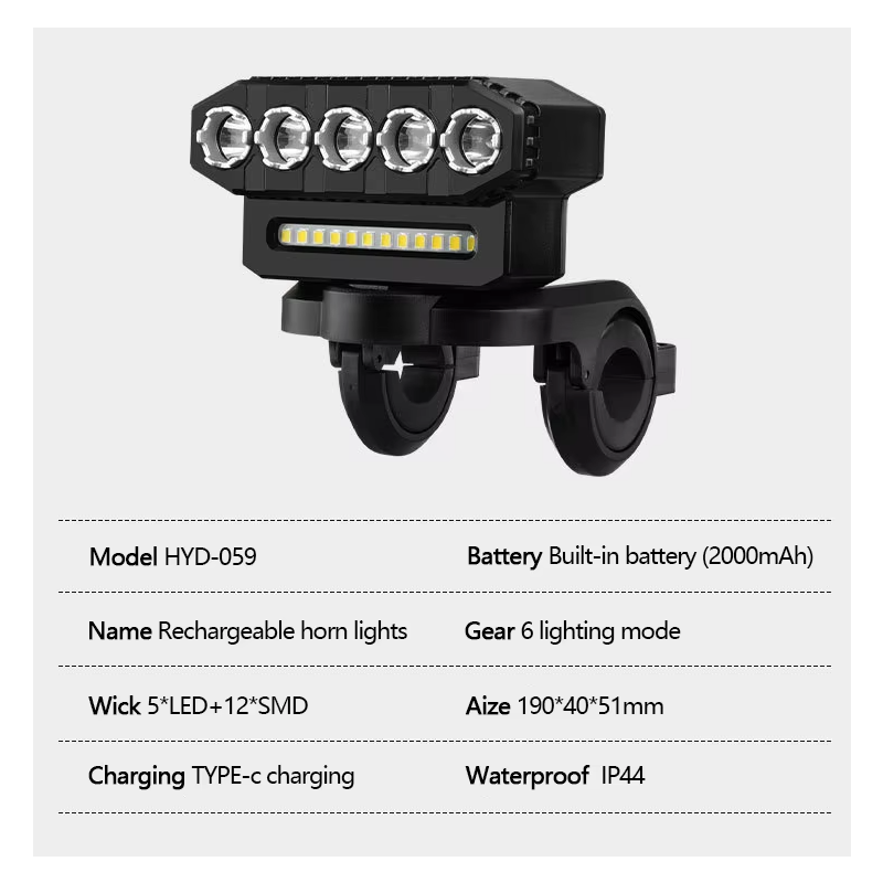 Luz delantera para bicicleta recargable por USB, 120 dB, bocina para bicicleta, resistente al agua, timbre para bicicleta