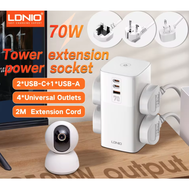 LDNIO Tower Multi Tap Cube Power Strip Outlets 70W Charging Stations 4 Outlet Line Filter UK US EU Type Plug To Universal Adapter