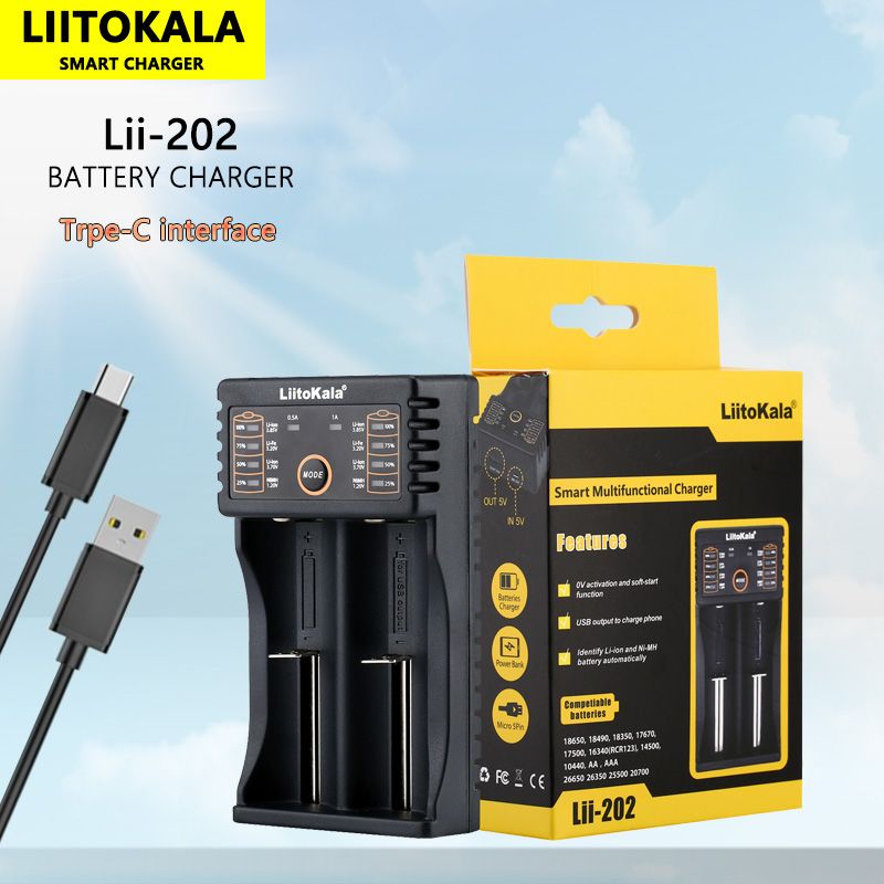Cargador inteligente para baterías de litio Liitokala Lii-202 de 3,7 V (18650, 26650, 16340, 21700 y 14500 NiMH)