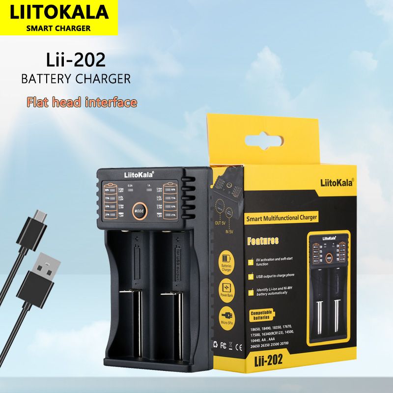 Cargador inteligente para baterías de litio Liitokala Lii-202 de 3,7 V (18650, 26650, 16340, 21700 y 14500 NiMH)