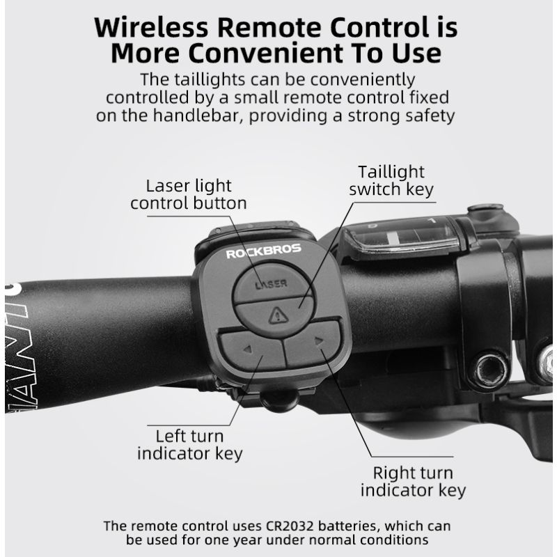 ROCKBROS LKWD-R1 Luz de bicicleta Smart USB LED Control remoto inalámbrico Luz trasera de bicicleta MTB Carretera Señal de giro láser Lámpara de ciclismo Luz trasera