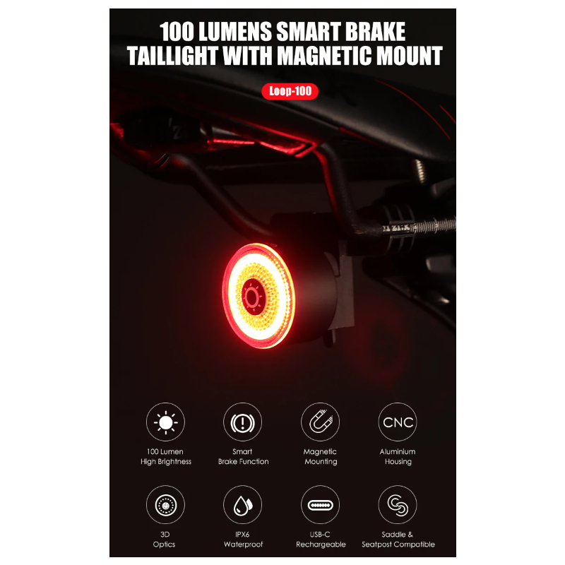Gaciron Luces traseras para Bicicleta, Luz Trasera para Bicicleta de Alto Brillo LOOP-100 con Sensor de Freno, Luz Trasera magnética para sillín de Bicicleta de aleación de Aluminio