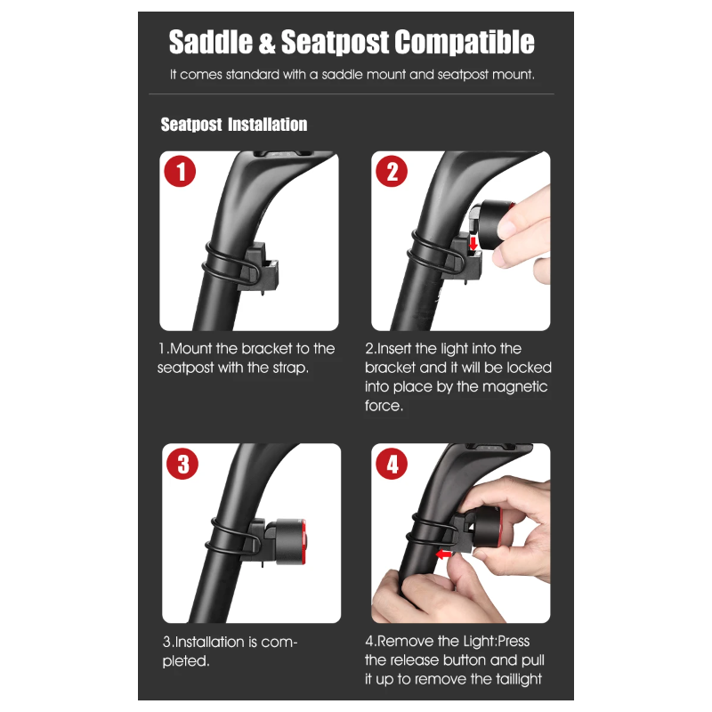Gaciron Luces traseras para Bicicleta, Luz Trasera para Bicicleta de Alto Brillo LOOP-100 con Sensor de Freno, Luz Trasera magnética para sillín de Bicicleta de aleación de Aluminio
