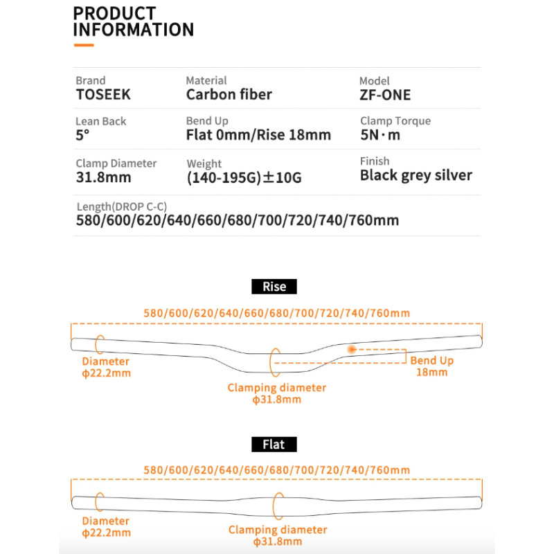 Manillar de carbono TOSEEK ZF-ONE Mtb manillar de bicicleta 31,8*580-720/740/760mm manillar negro mate para accesorios de bicicleta de montaña