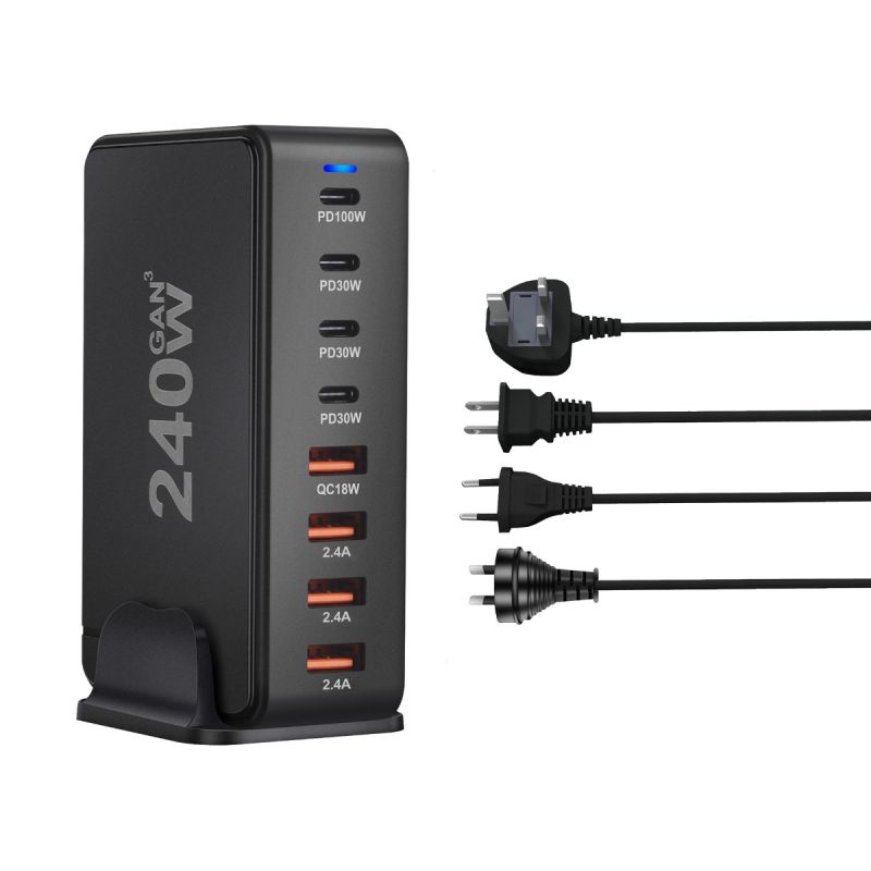 Cargador GaN de escritorio de 240W, cargador USB tipo C PD de 8 puertos, carga rápida 3,0 USB tipo C, cargador USB móvil