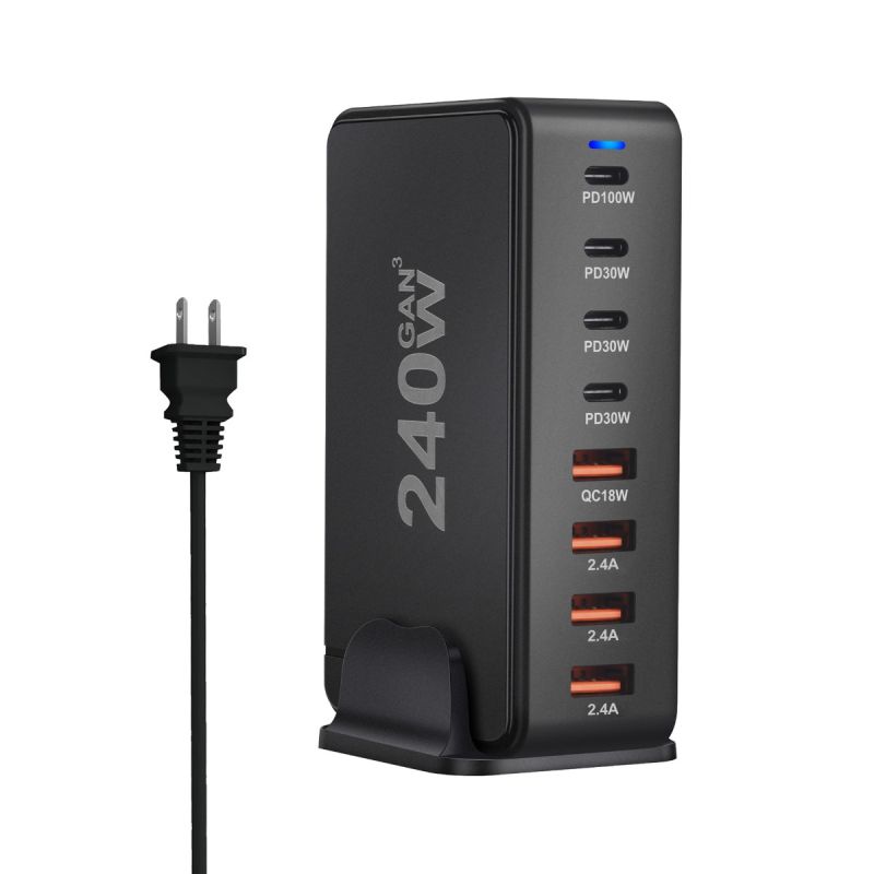 Cargador GaN de escritorio de 240W, cargador USB tipo C PD de 8 puertos, carga rápida 3,0 USB tipo C, cargador USB móvil