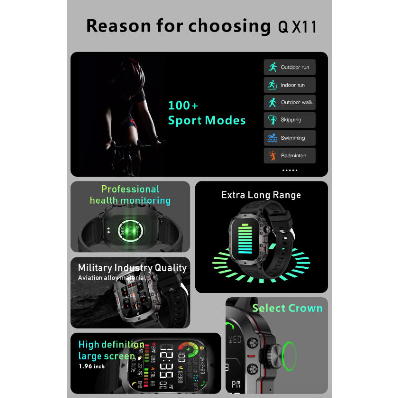 QX11 Smart Watch Hombres IP68 5ATM Deportes al aire libre Fitness Tracker Monitor de salud 1.96 "BT Call Smartwatch