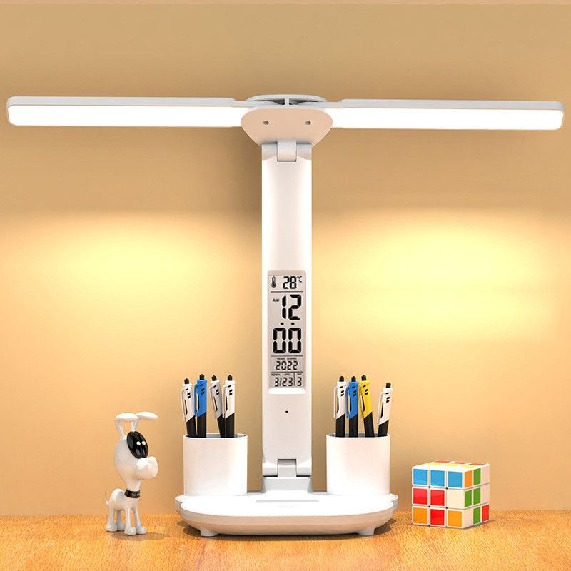 Lámpara LED de escritorio, lámpara de mesa multifunción con calendario, luz nocturna táctil USB con portalápices para dormitorio, lámpara de lectura de chevet