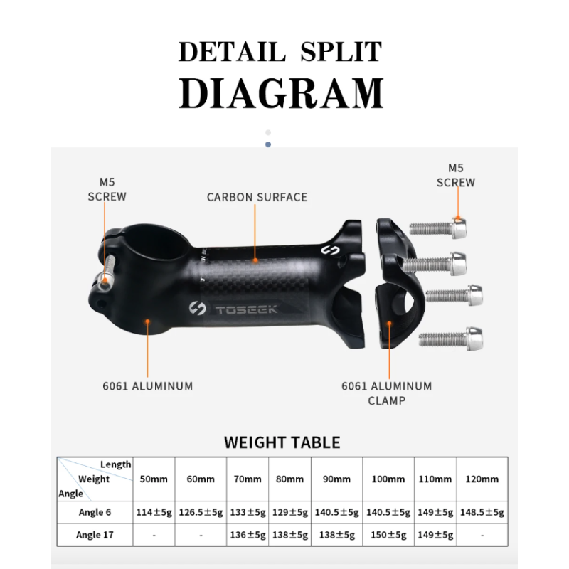 TOSEEK vástago de manillar de bicicleta 28,6-31,8mm aluminio  vástago de carbono Angle6 17 vástago de manillar de bicicleta de montaña piezas de repuesto para bicicleta