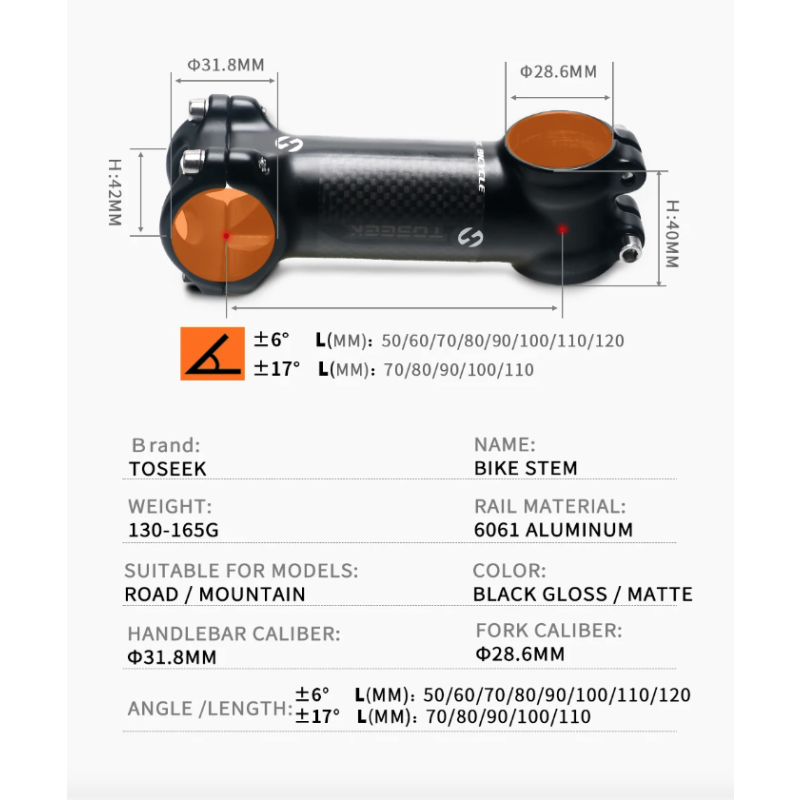 TOSEEK vástago de manillar de bicicleta 28,6-31,8mm aluminio  vástago de carbono Angle6 17 vástago de manillar de bicicleta de montaña piezas de repuesto para bicicleta