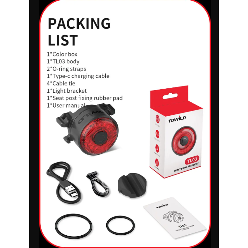 Luz trasera LED inteligente para bicicleta TOWILD TL03 con sensor de freno automático, luz trasera para bicicleta, luz de advertencia para bicicleta