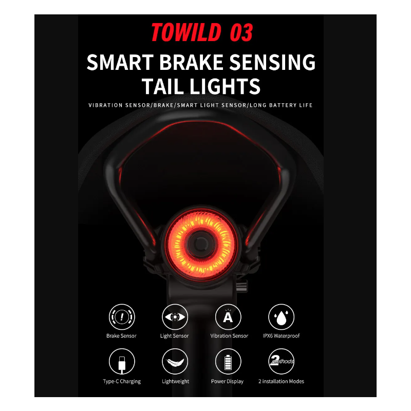 Luz trasera LED inteligente para bicicleta TOWILD TL03 con sensor de freno automático, luz trasera para bicicleta, luz de advertencia para bicicleta