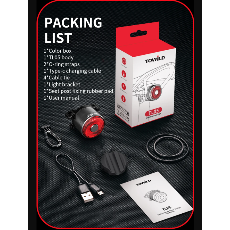 Luz trasera inteligente para bicicleta TOWILD TL05 con sensor de freno automático, IPX6, resistente al agua, carga USB, luz LED para ciclismo, luz trasera de advertencia