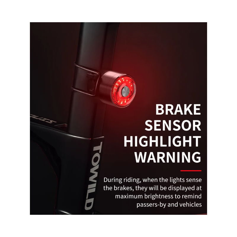 Luz trasera inteligente para bicicleta TOWILD TL05 con sensor de freno automático, IPX6, resistente al agua, carga USB, luz LED para ciclismo, luz trasera de advertencia