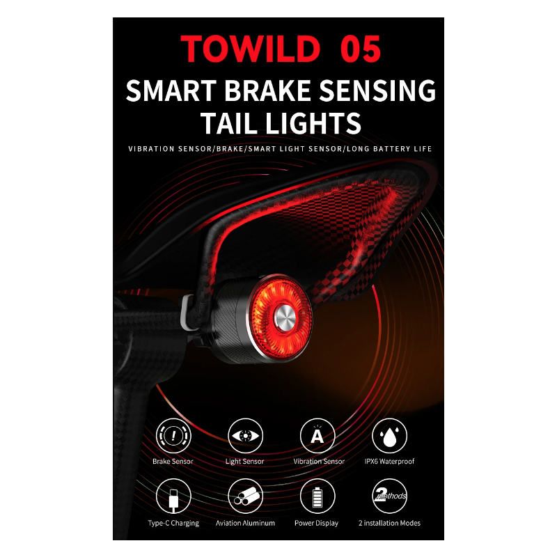 Luz trasera inteligente para bicicleta TOWILD TL05 con sensor de freno automático, IPX6, resistente al agua, carga USB, luz LED para ciclismo, luz trasera de advertencia