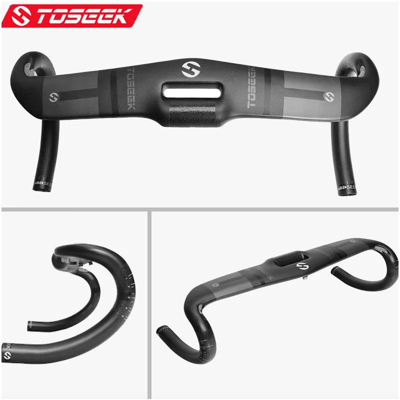 Manillar totalmente de carbono TOSEEK 400-440mm31,8mm Manillar de bicicleta de carretera sin rosca integrado carreras Drop Bikes Bar accesorios de bicicleta