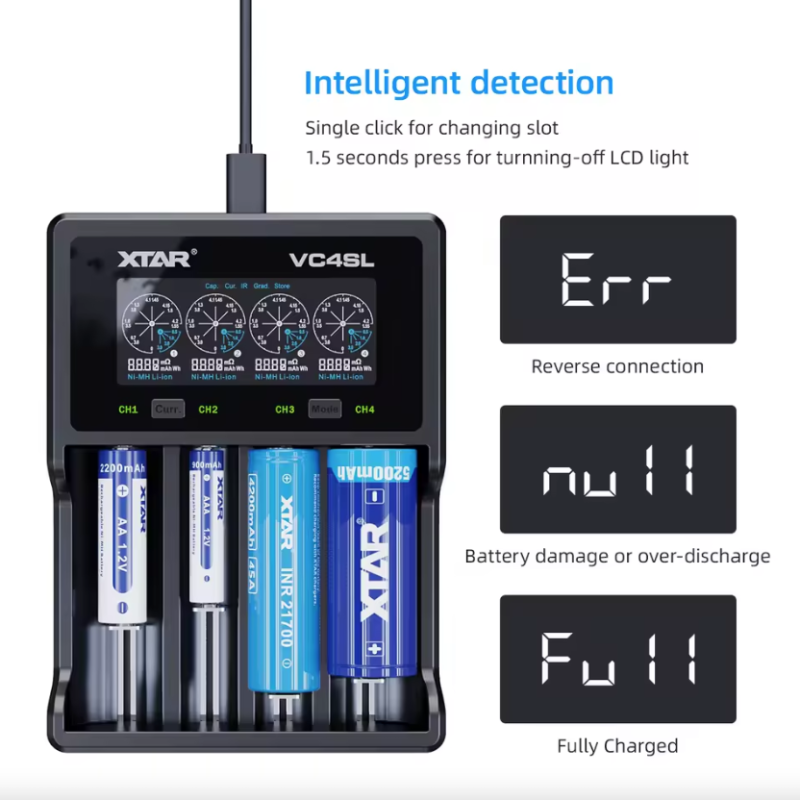 Cargador de batería XTAR VC4SL 18650 21700 USB C QC3.0 de carga rápida, 1,2 V, Ni-MH, AAA, AA, recargable de litio