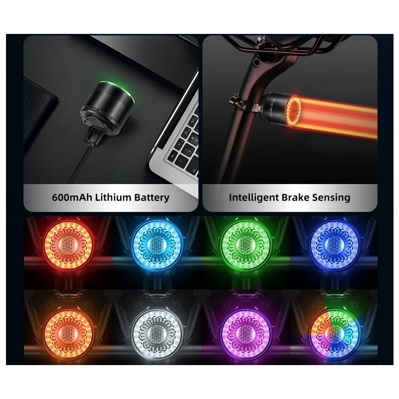 Luz trasera versátil para bicicleta, luz de freno inteligente recargable, luces direccionales con Control remoto inalámbrico, Flash colorido